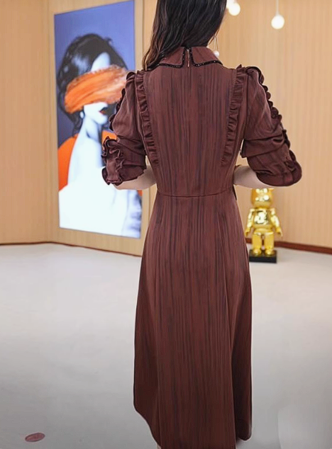 15102-Đầm liền màu đỏ nâu cổ bể  giả  vest (lụa sọc)_thumbnail_1