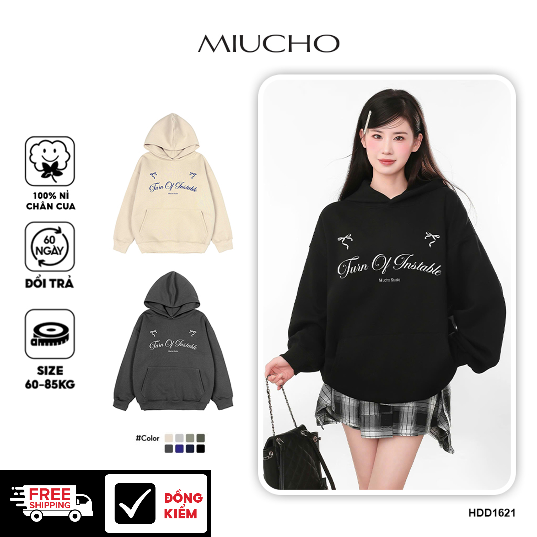 Áo hoodie nữ form rộng local brand HDD1621 Miucho vải nỉ chân cua dày dặn mũ tròn in typography