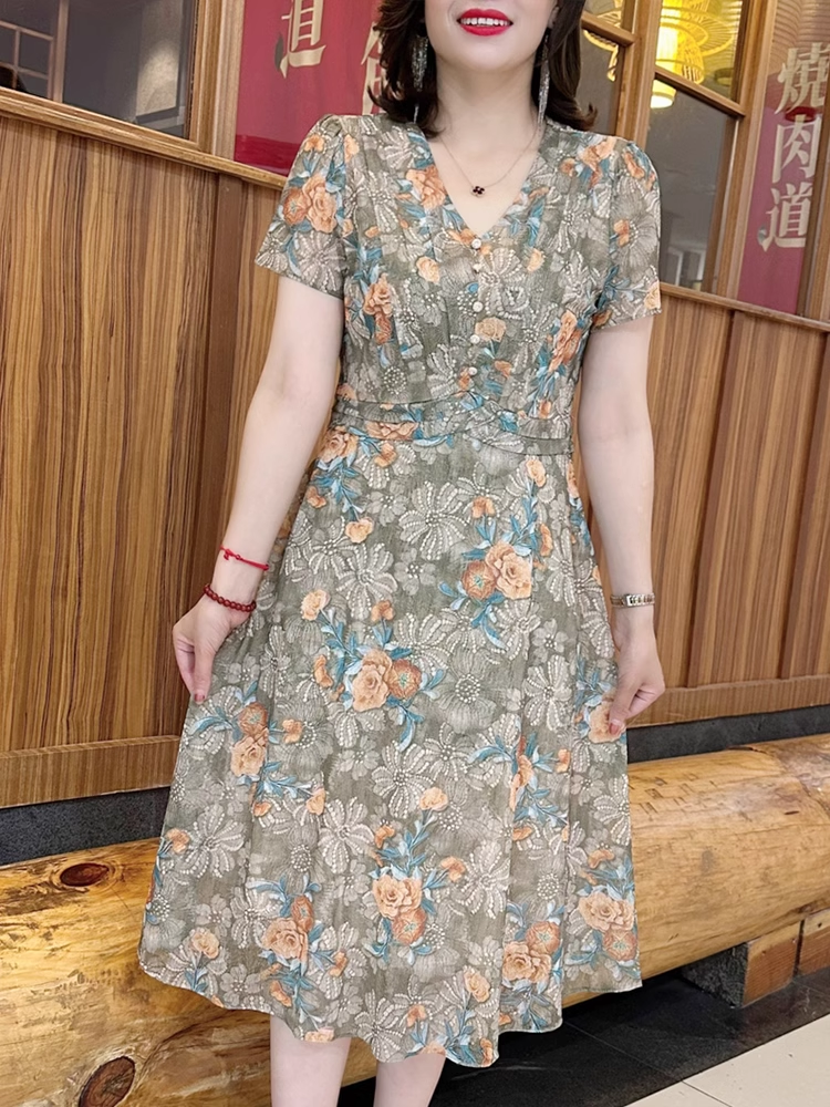 15263-Đầm xoè A voan hoa  màu xám rêu 3D ( voan lót)_thumbnail_1