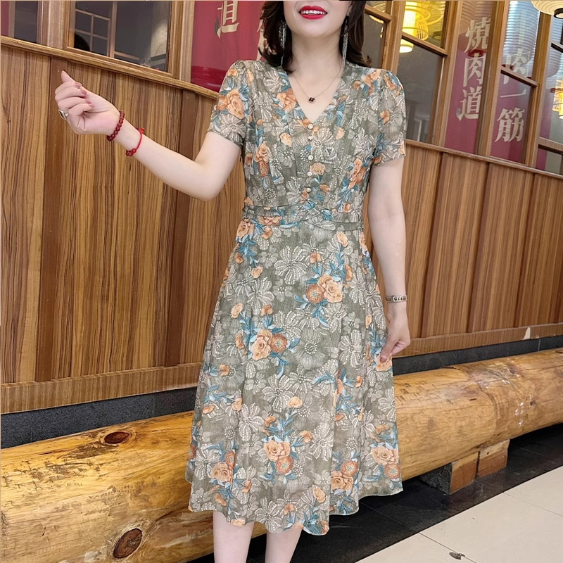 15263-Đầm xoè A voan hoa  màu xám rêu 3D ( voan lót)_thumbnail_0