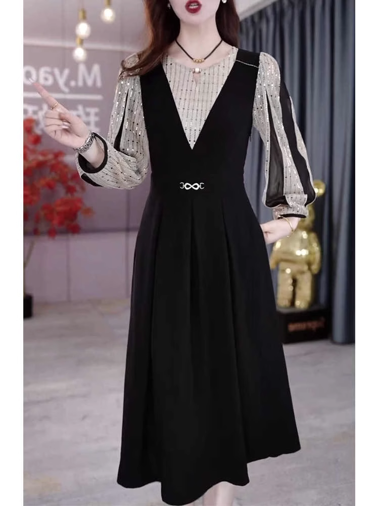 15037-Đầm A xoè đen phối  tay kim sa  cách điệu ( thun mịn , kim sa)_thumbnail_0