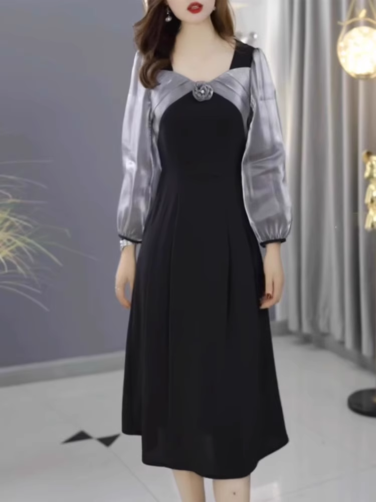 15209-Đầm xoè A phối tay voan dài xám ( thun mịn, voan ánh kim)_thumbnail_0