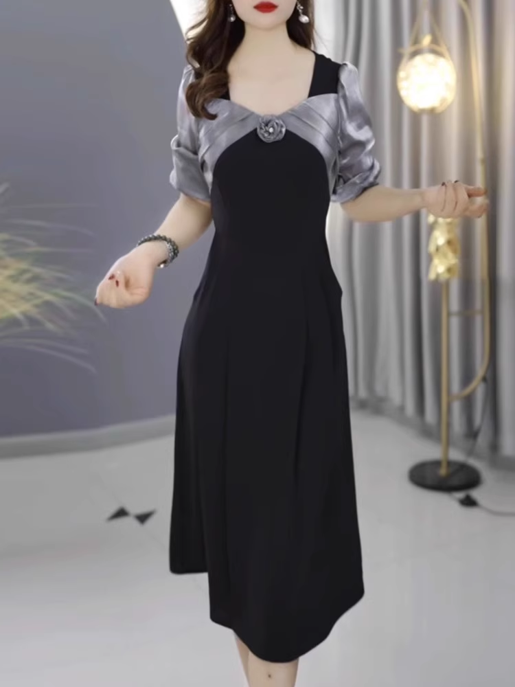 15209-Đầm xoè A phối tay voan dài xám ( thun mịn, voan ánh kim)_thumbnail_1