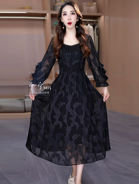 15246-Đầm voan hoa 3D tay dài màu  đen ( voan,lót)_thumbnail_0