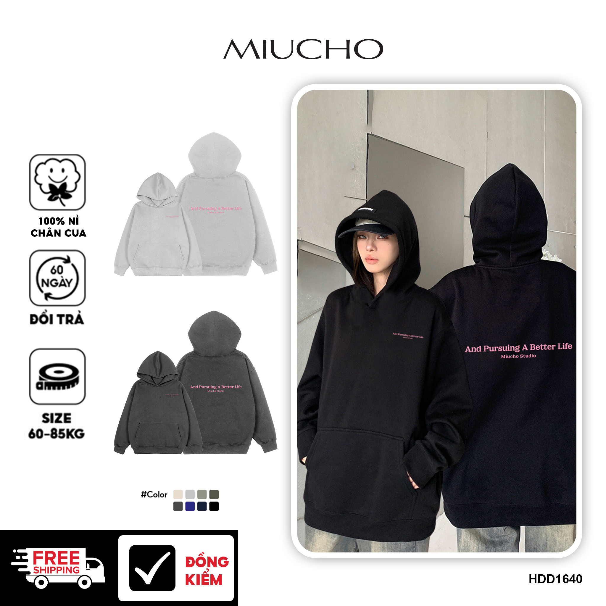 Áo hoodie nữ form rộng dày dặn vải nỉ chân cua HDD1640 Miucho in basic