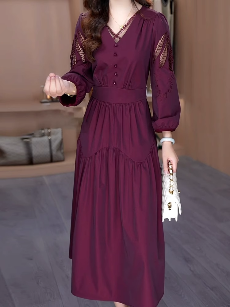 15309-Đầm xoè tím tay dài cutout cổ V chéo dây cách điệu ( lụa mịn)_thumbnail_0