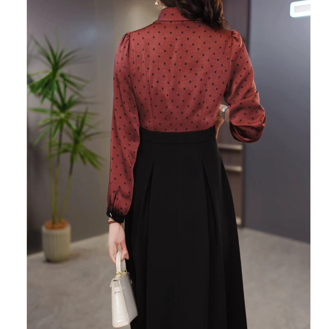 15314-Đầm xoè A phối tay dài chấm bi cổ thắt nơ ( chéo nhật, lụa latin)_thumbnail_1