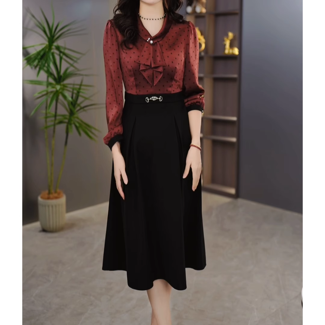 15314-Đầm xoè A phối tay dài chấm bi cổ thắt nơ ( chéo nhật, lụa latin)_thumbnail_0