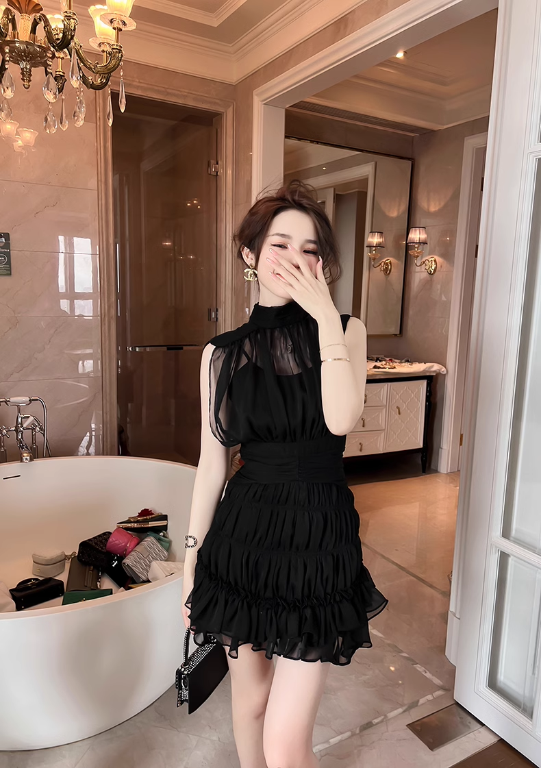 15167-Set áo chân váy voan đen cổ trụ  nhún viền bèo (voan , lót)_thumbnail_1