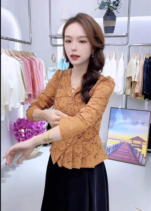 15166-Áo ren kiểu tay dài, vạt kiểu xếp ly (ren thun co giãn)