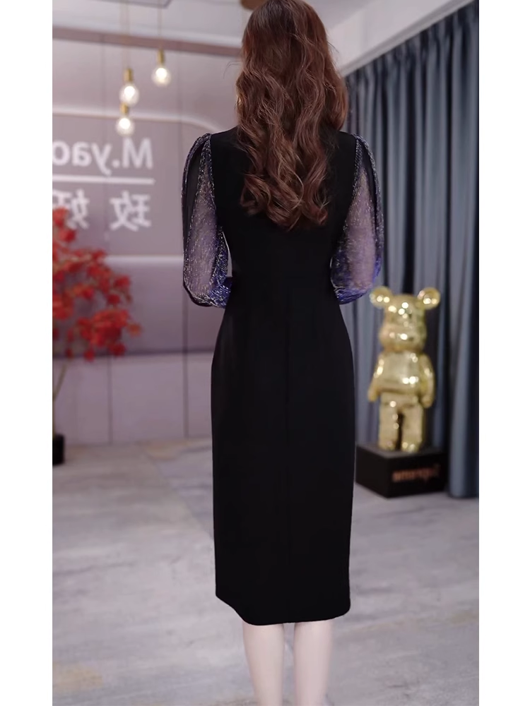 15041-Đầm body suông đen phối tay dài hai màu ( thun mịn, voan ánh kim)_thumbnail_2