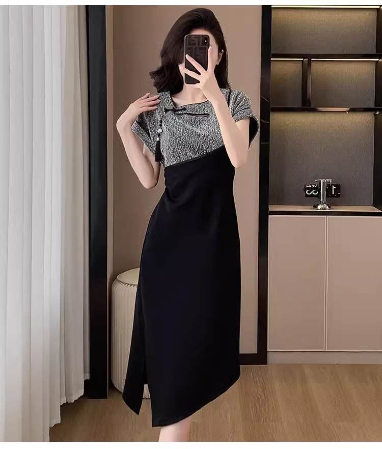 15043-Đầm suông xẻ tà cổ cutout đính nút tàu ( thun)_thumbnail_0