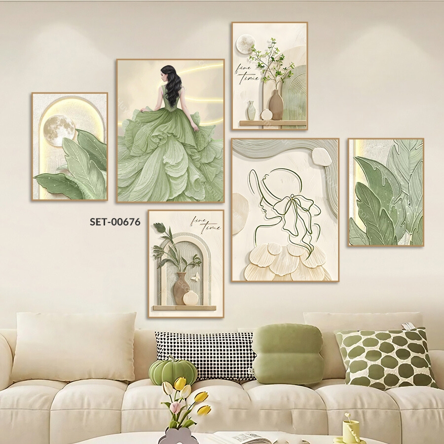 Set 6 Tranh Dán Tường Cô Gái, Mẫu Trừu Tượng, Decor Phòng Khách, Phòng Ngủ, Spa, Homestay - Behome Decor
