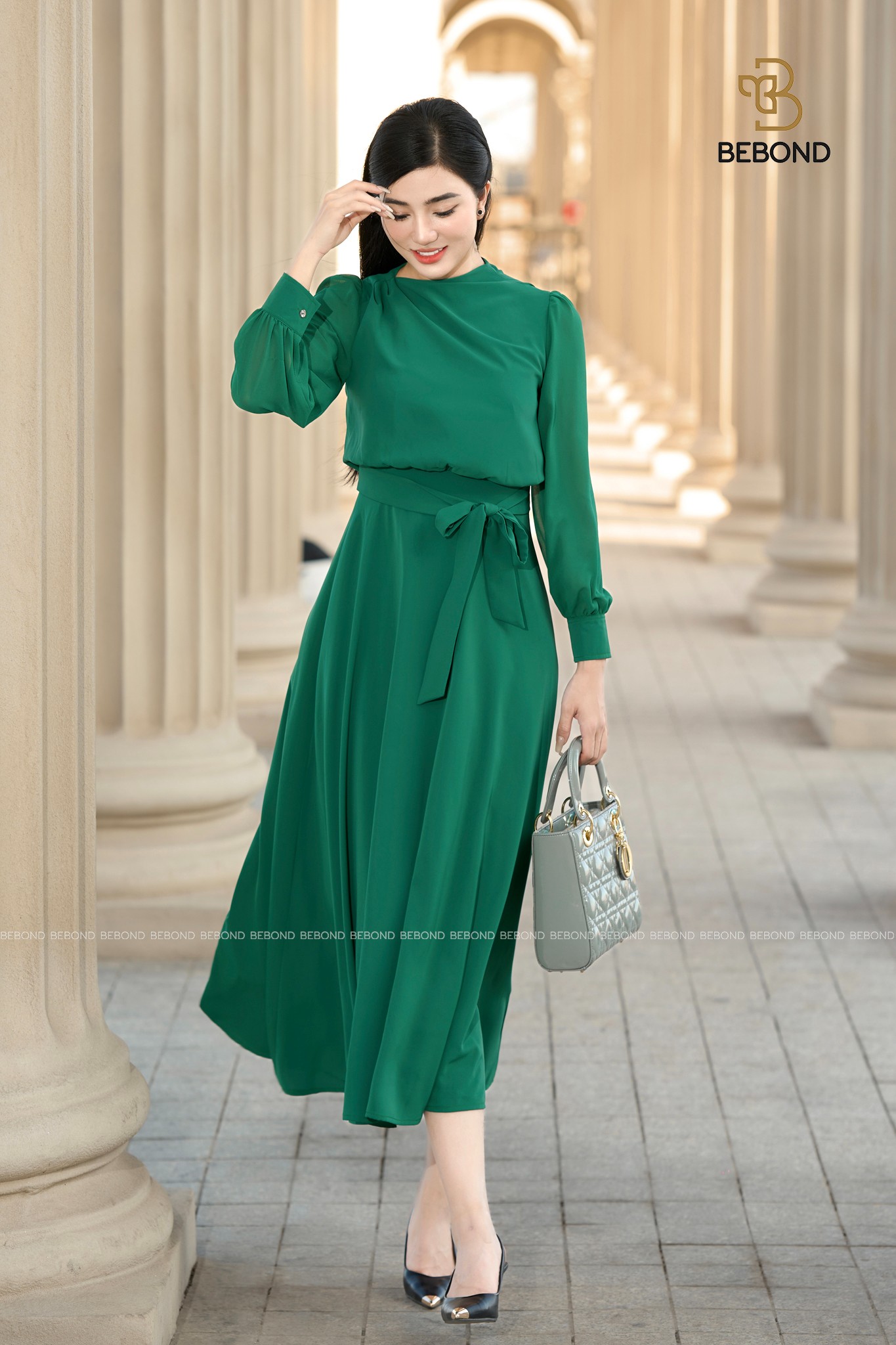 Đầm Hebe dài tay thắt nơ màu xanh_thumbnail_1