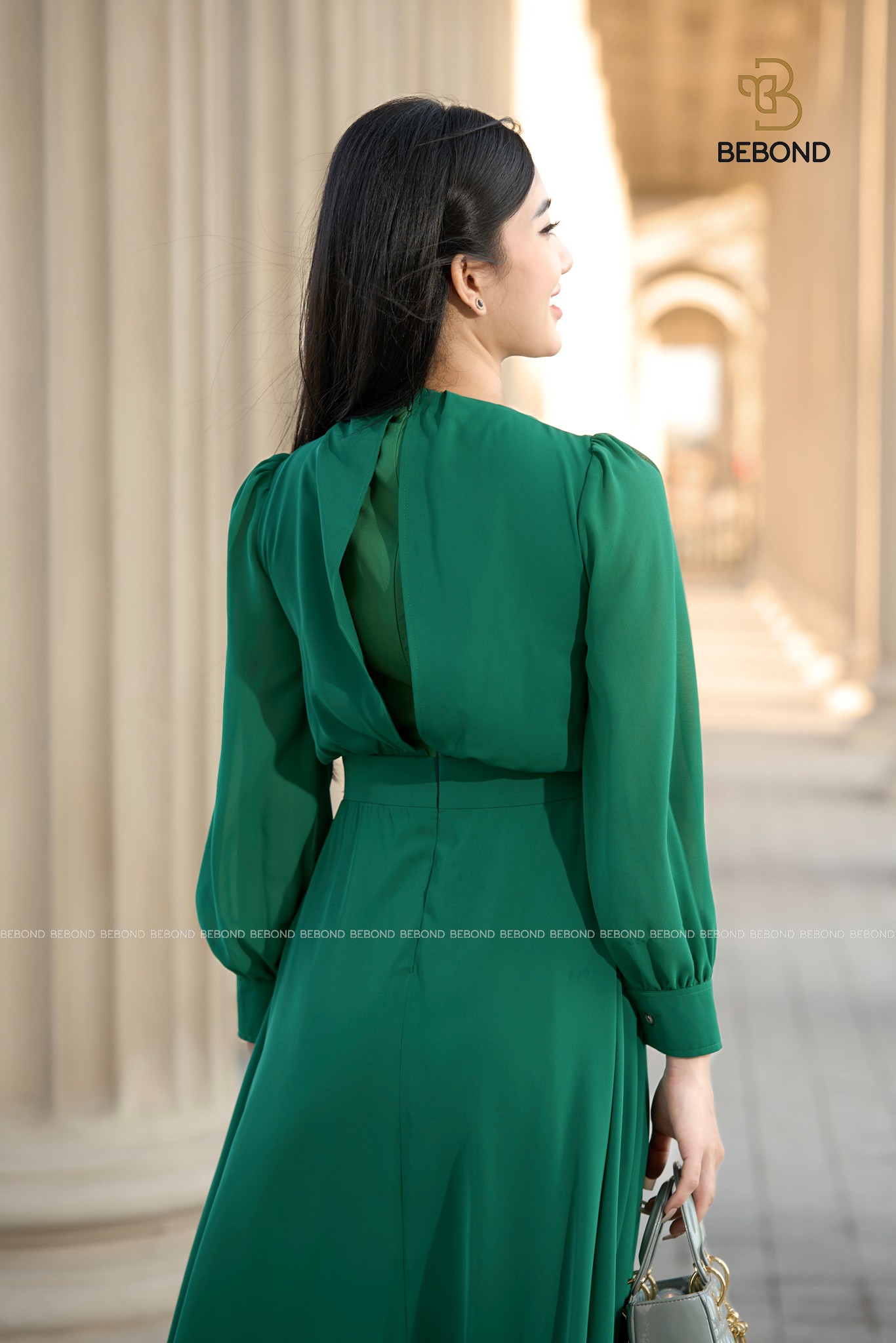 Đầm Hebe dài tay thắt nơ màu xanh_thumbnail_3