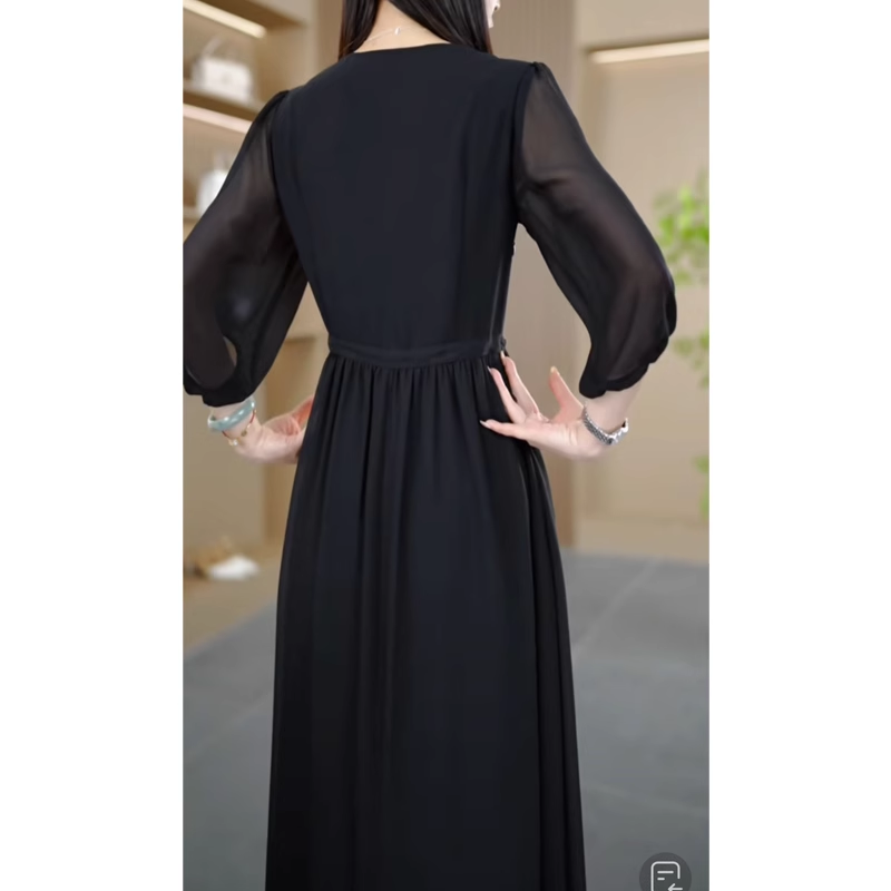 15045-Đầm voan đen tay lở phồng ngực xếp ly cách điệu (voan, lót)_thumbnail_1