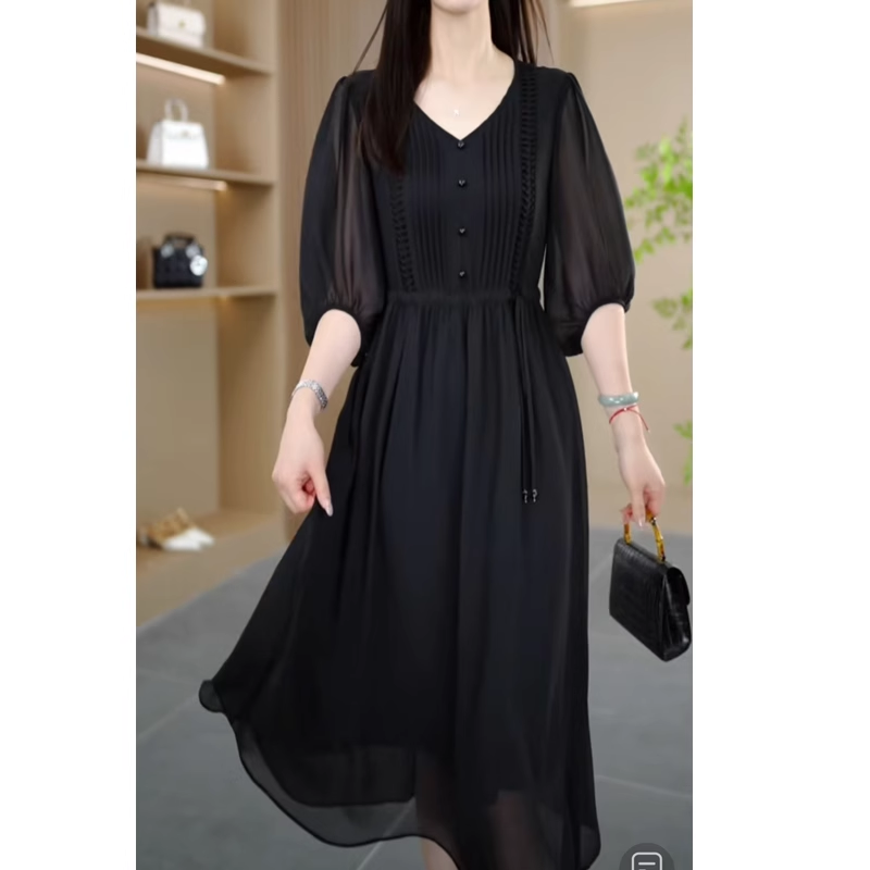 15045-Đầm voan đen tay lở phồng ngực xếp ly cách điệu (voan, lót)_thumbnail_0