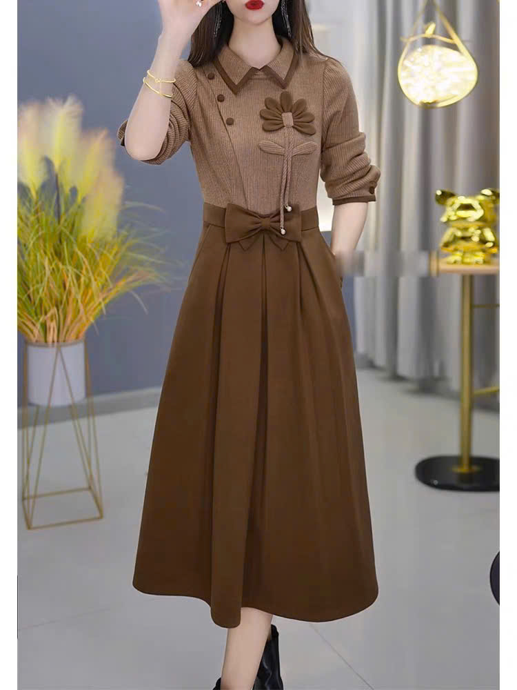 15450-Đầm xòe A màu nâu tay dài kết hoa cách điệu ( thun mịn)_thumbnail_0