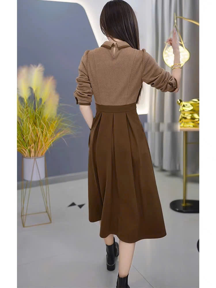 15450-Đầm xòe A màu nâu tay dài kết hoa cách điệu ( thun mịn)_thumbnail_1