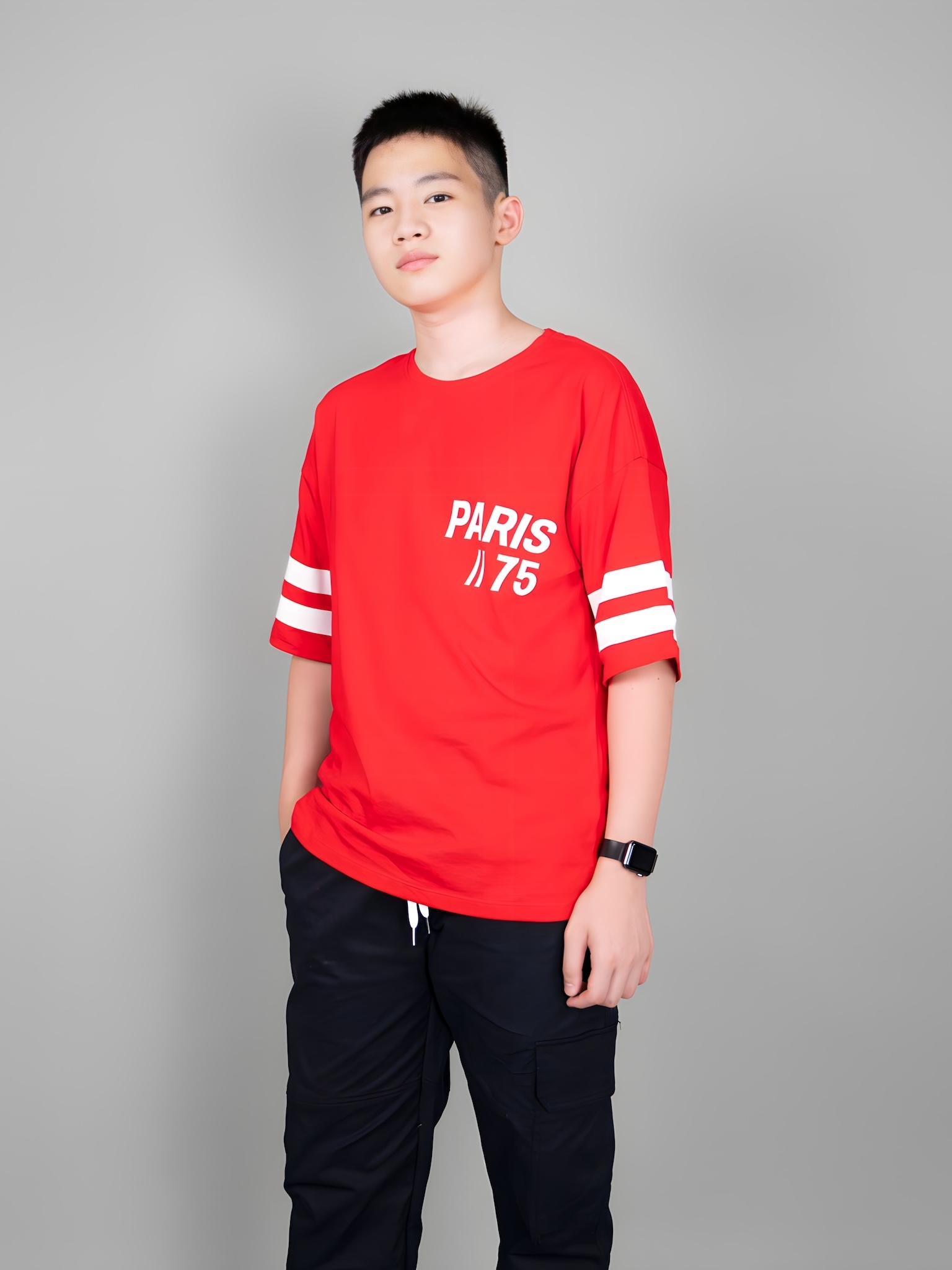 Áo phông dáng rộng đỏ phối sọc trắng_thumbnail_0