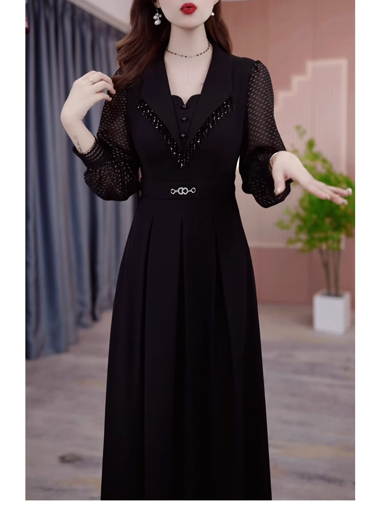 15174-Đầm xoè đen phối tay ren lưới  dài cách điệu ( thun mịn, ren lỗ)_thumbnail_1