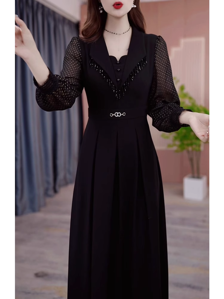 15174-Đầm xoè đen phối tay ren lưới  dài cách điệu ( thun mịn, ren lỗ)_thumbnail_3