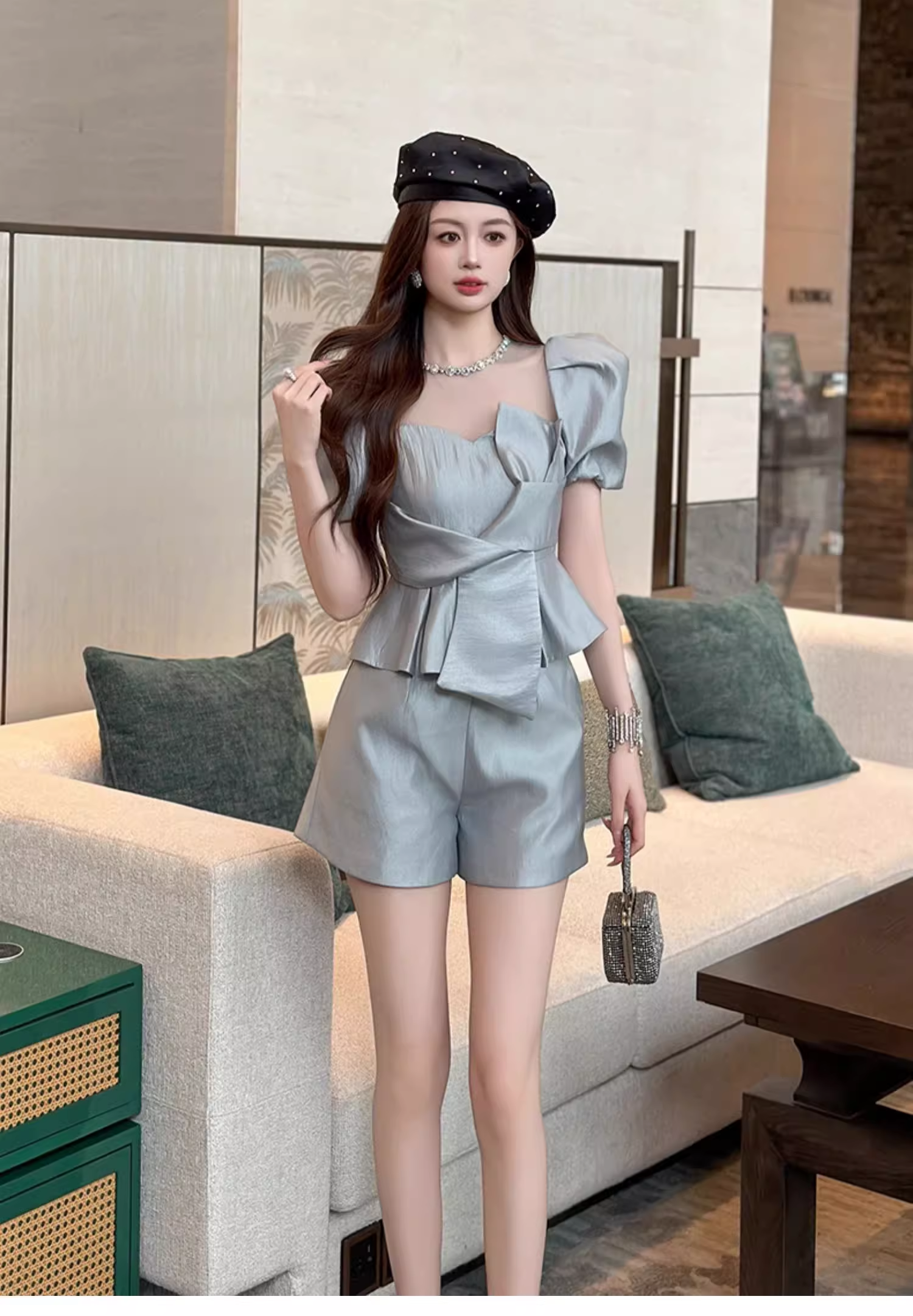 15113-Set bộ áo quần sọt xanh ngọc trai ( tơ lụa ánh kim)_thumbnail_0