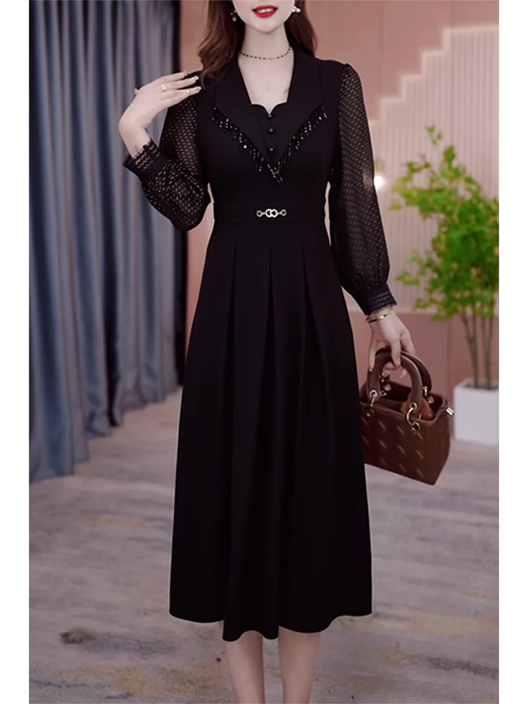 15174-Đầm xoè đen phối tay ren lưới  dài cách điệu ( thun mịn, ren lỗ)_thumbnail_0