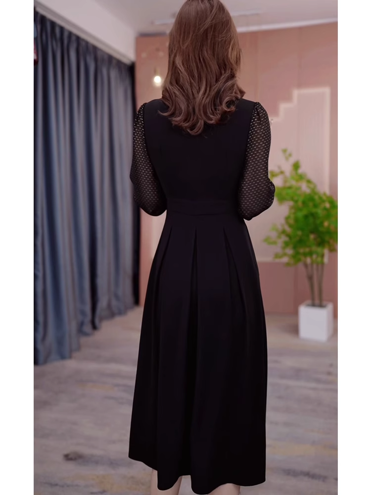 15174-Đầm xoè đen phối tay ren lưới  dài cách điệu ( thun mịn, ren lỗ)_thumbnail_2