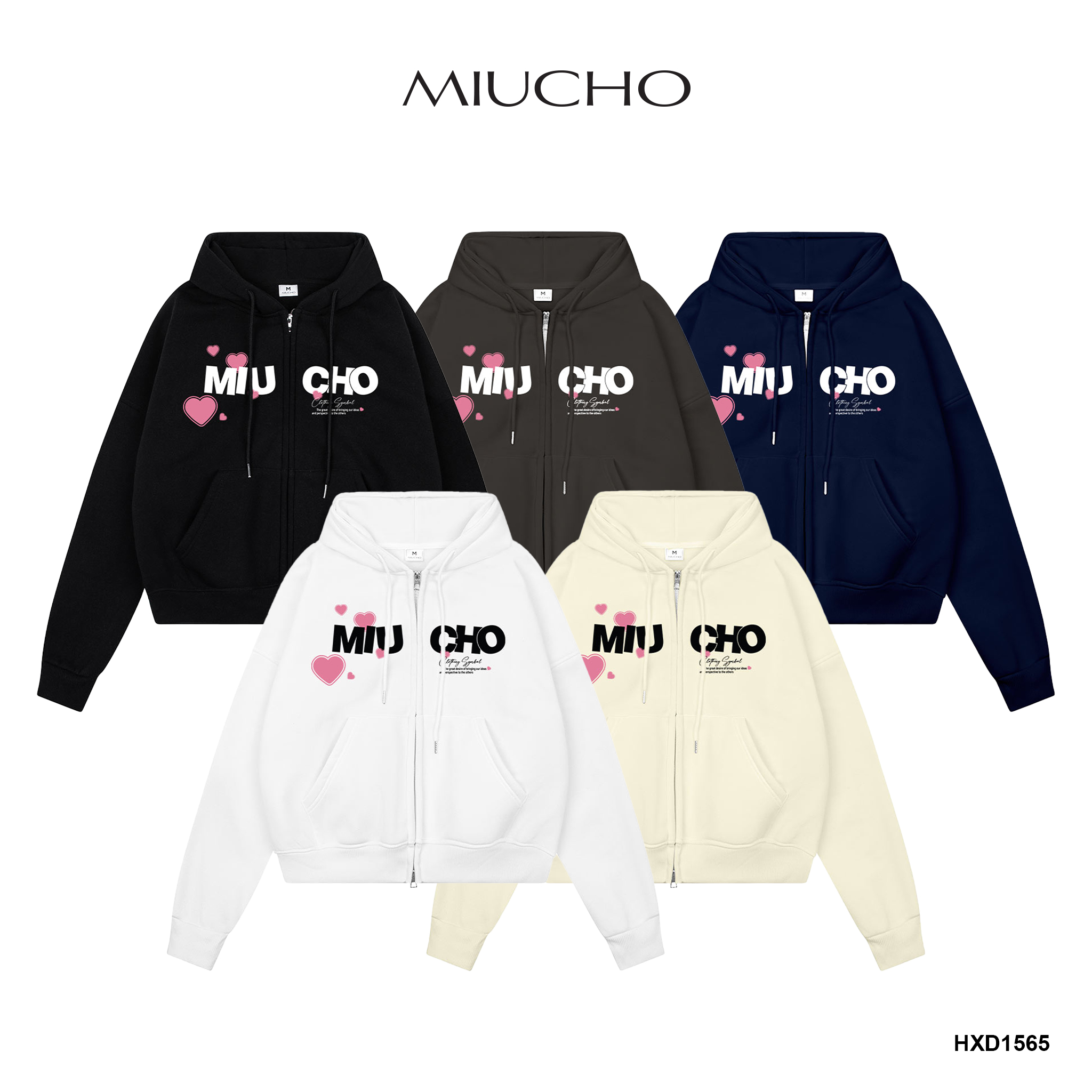 Áo hoodie zip local brand form boxy HXD1565 Miucho vải nỉ bông dày dặn khóa kéo mũ rộng in mix