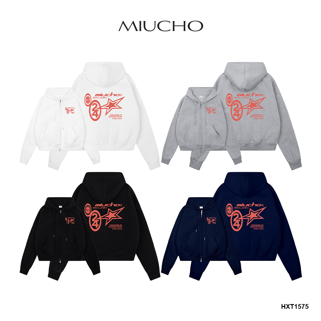 Áo hoodie zip local brand form boxy HXD1575 Miucho vải nỉ bông dày dặn khóa kéo in typography