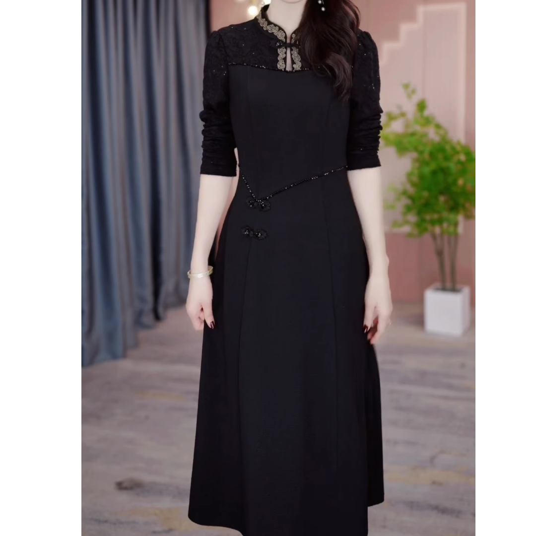 15219-Đầm suông A màu đen phối viền ren cổ tàu cách điệu ( thun mịn)_thumbnail_2