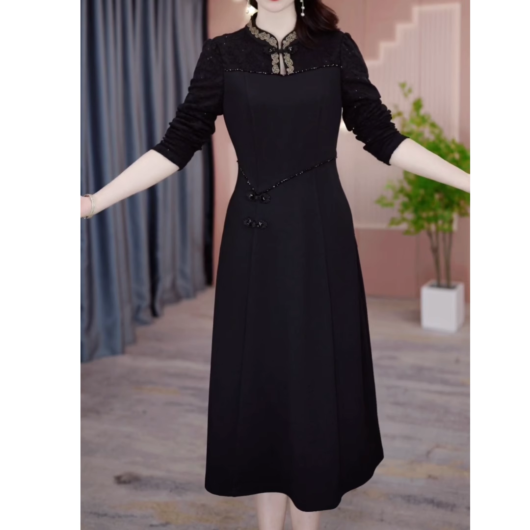 15219-Đầm suông A màu đen phối viền ren cổ tàu cách điệu ( thun mịn)_thumbnail_0
