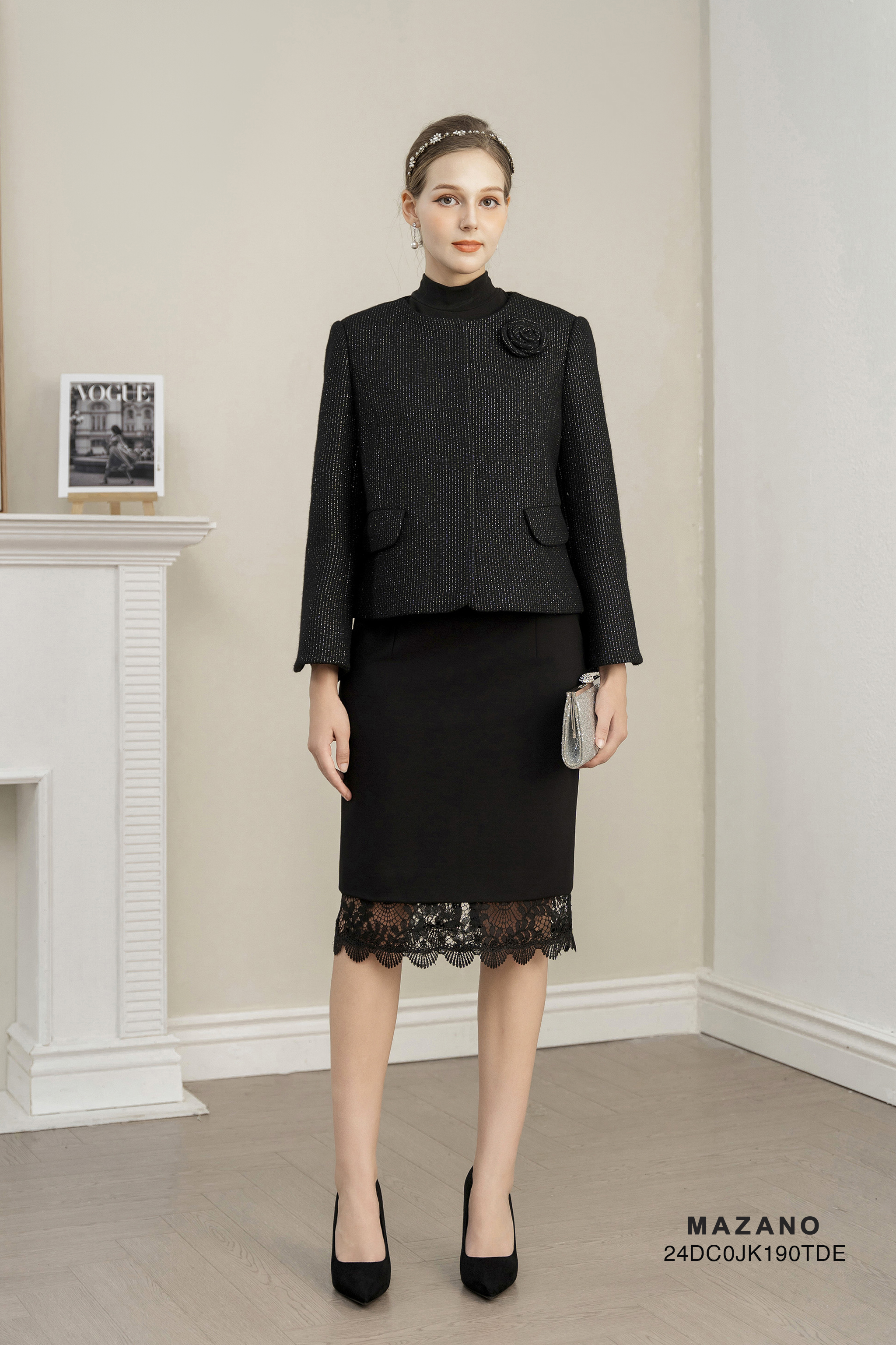 Áo khoác ngắn Vải dạ tweed Đính hoa thủ công Cổ trònTay dài Dài qua eo