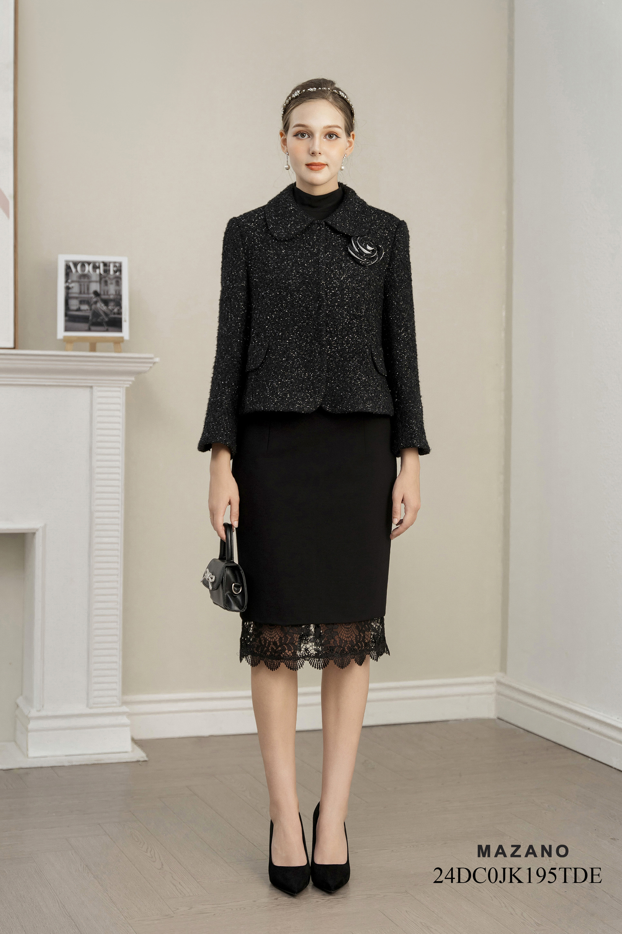 Áo khoác ngắn Vải dạ tweed Đính hoa thủ công Cổ sen Tay dài Dài qua eo