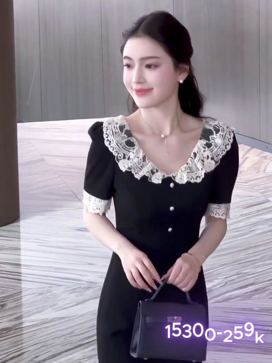 15300-Đầm body đen  tay phồng  phối ren trắng (thun mịn,ren)_thumbnail_0