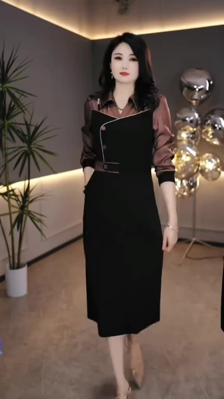 15560-Đầm suông đen cổ bẻ phối  tay voan nâu ( thun mịn. voan ánh kim)_thumbnail_0