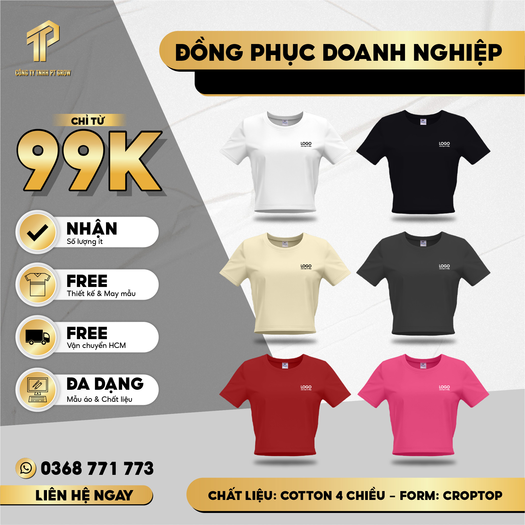 Áo croptop trơn nữ CRT01 PTG vải cotton cổ tròn in basic