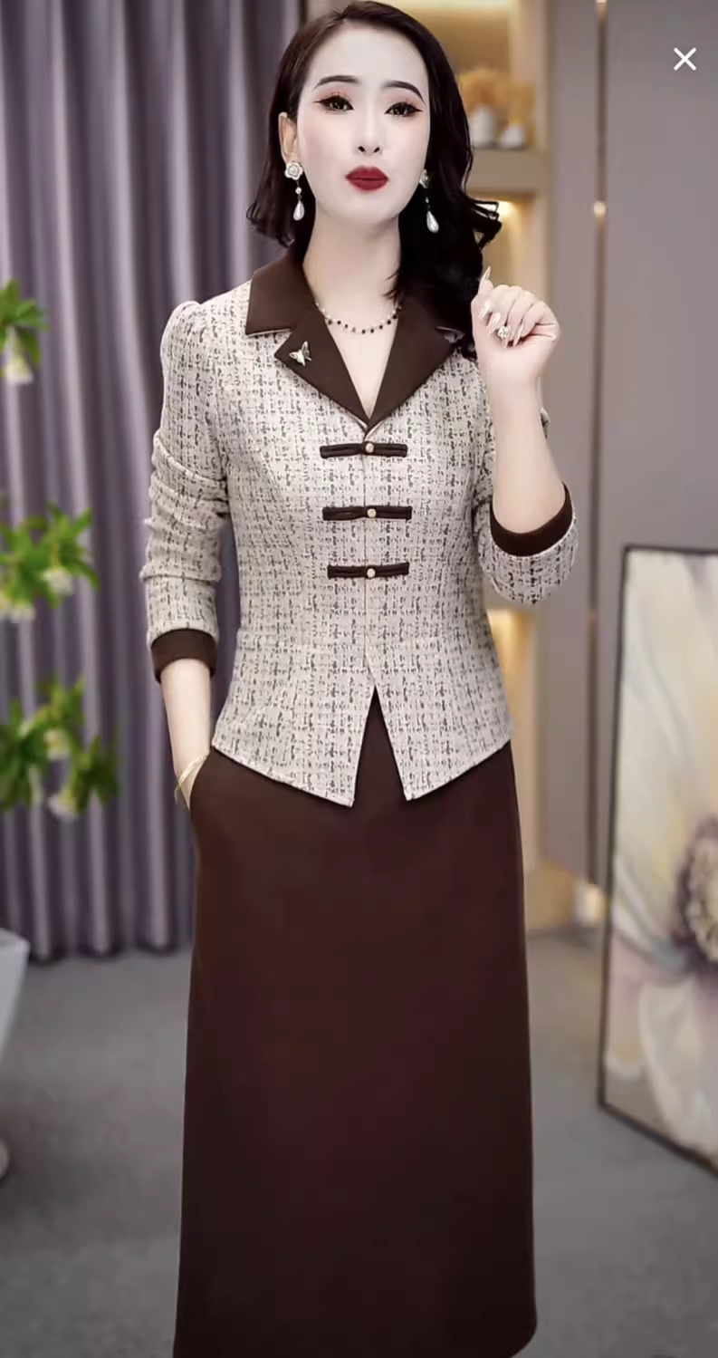 15559-Đầm body suông dáng liền phối  2 màu nâu xám kẻ sọc ( lụa)_thumbnail_1