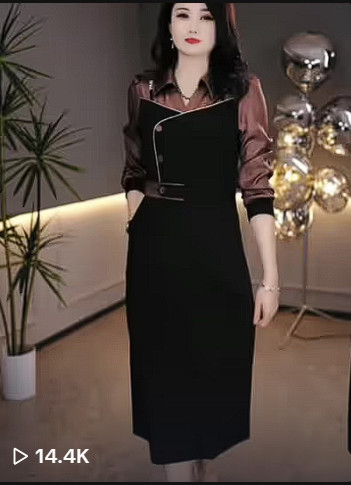 15560-Đầm suông đen cổ bẻ phối  tay voan nâu ( thun mịn. voan ánh kim)_thumbnail_1