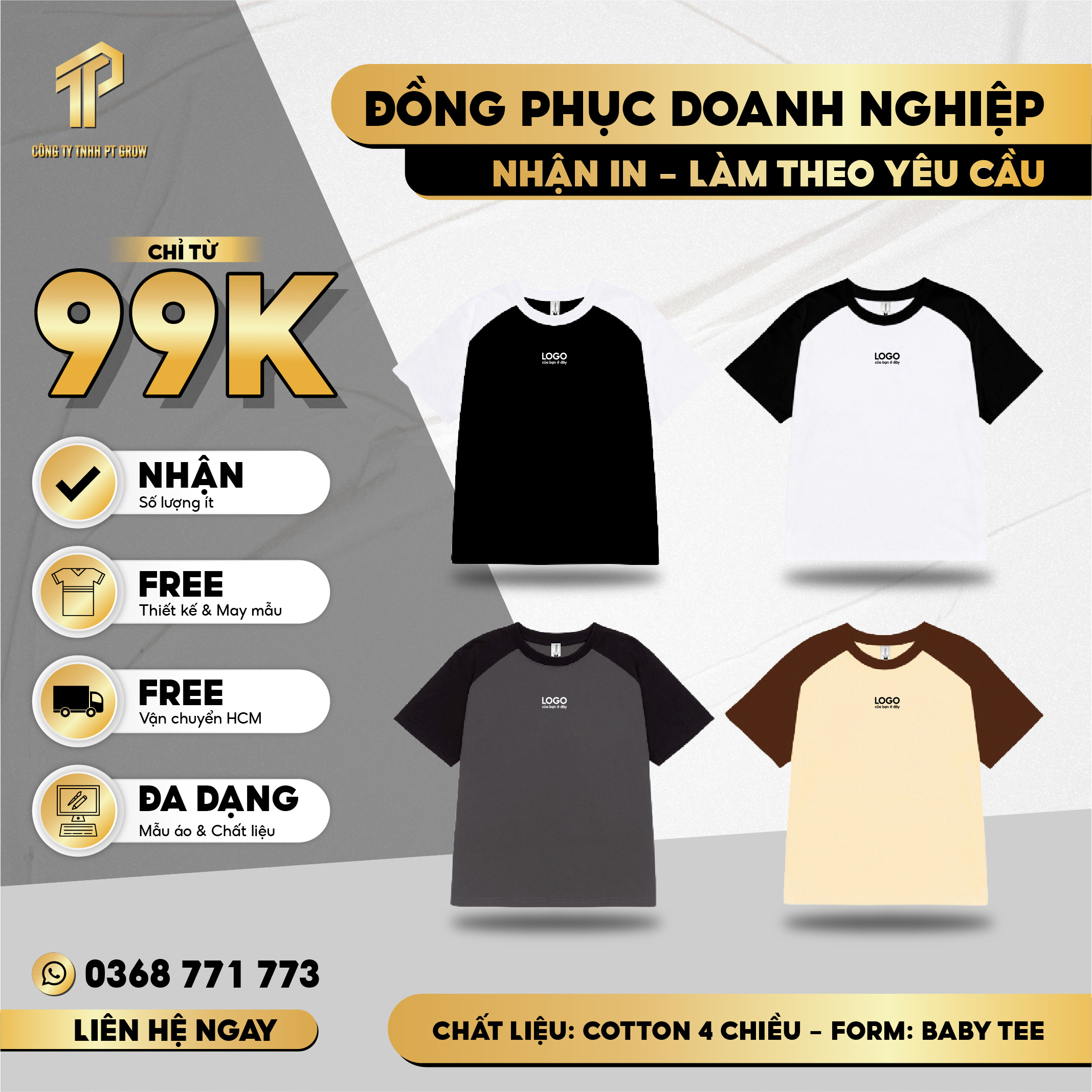 Áo baby tee phối trơn ABPTT01 PTG cotton cổ tròn in basic