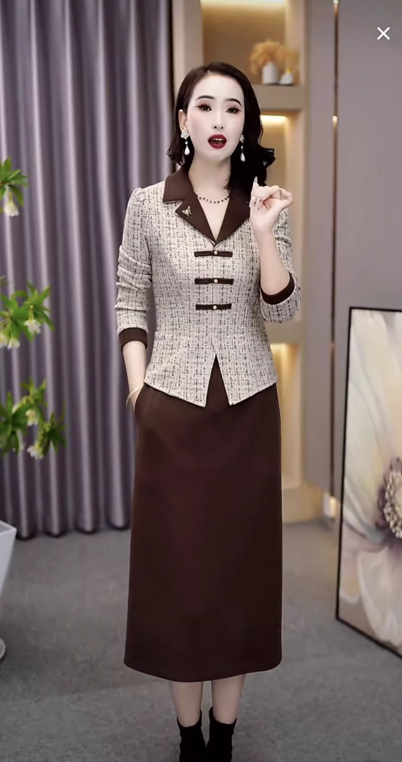 15559-Đầm body suông dáng liền phối  2 màu nâu xám kẻ sọc ( lụa)_thumbnail_2