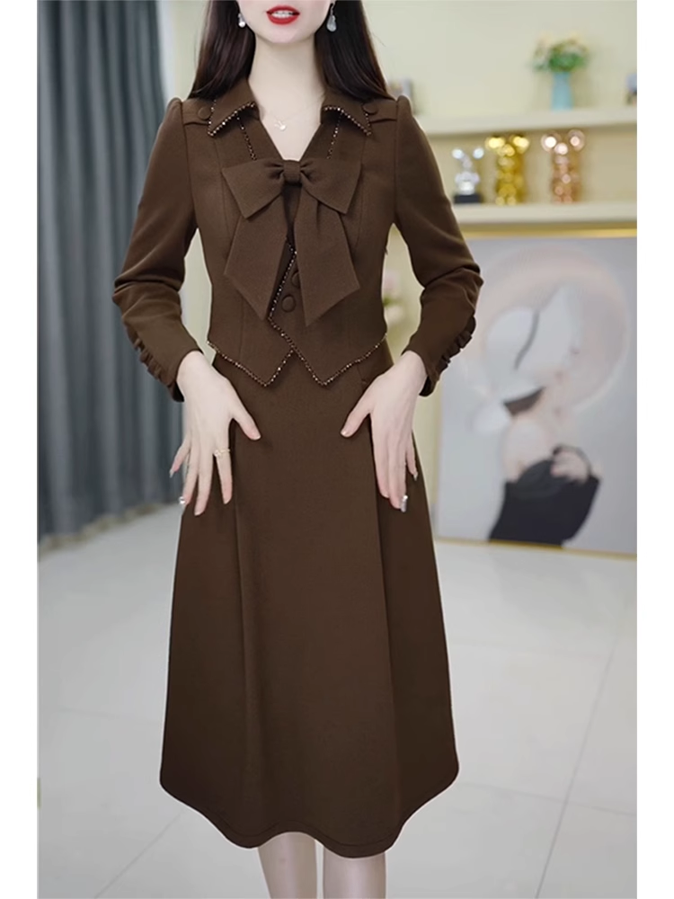 15336-Đầm xoè nâu tay dài cổ kết nơ giả rời ( thun mịn)_thumbnail_1