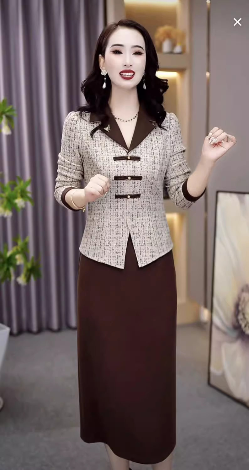 15559-Đầm body suông dáng liền phối  2 màu nâu xám kẻ sọc ( lụa)_thumbnail_0