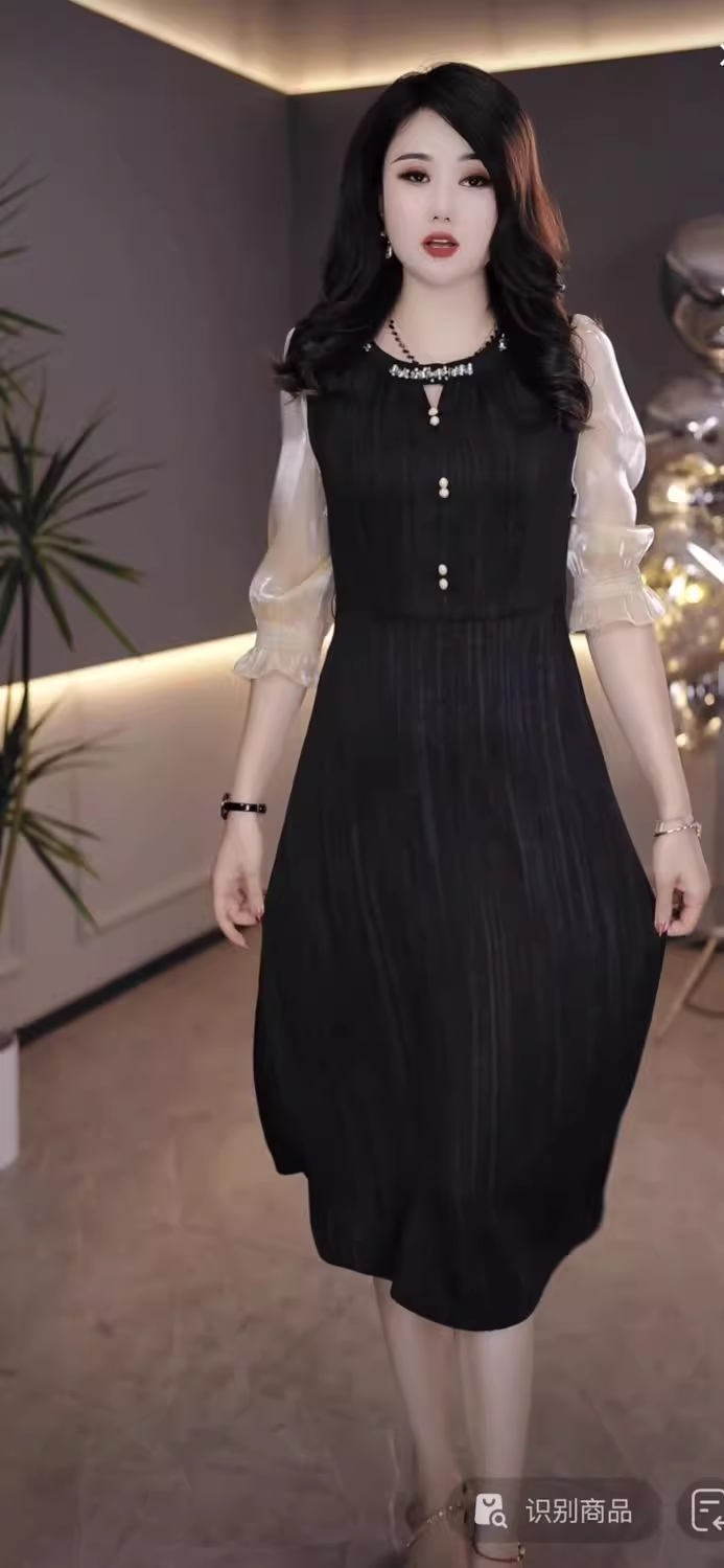 15530-Đầm suông A lụa sọc đen phối tay voan ánh kim ( lụa, voan)_thumbnail_0