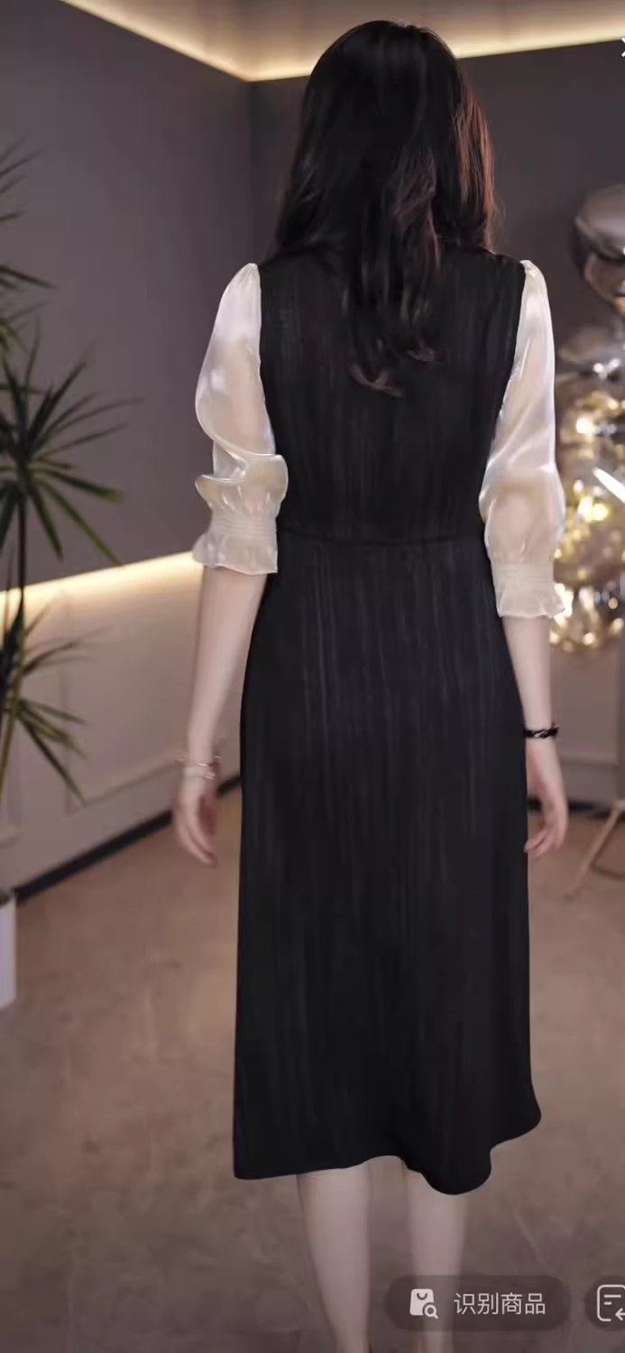 15530-Đầm suông A lụa sọc đen phối tay voan ánh kim ( lụa, voan)_thumbnail_3