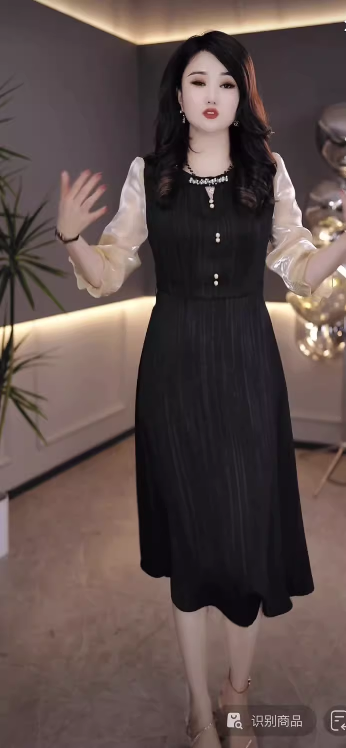 15530-Đầm suông A lụa sọc đen phối tay voan ánh kim ( lụa, voan)_thumbnail_2