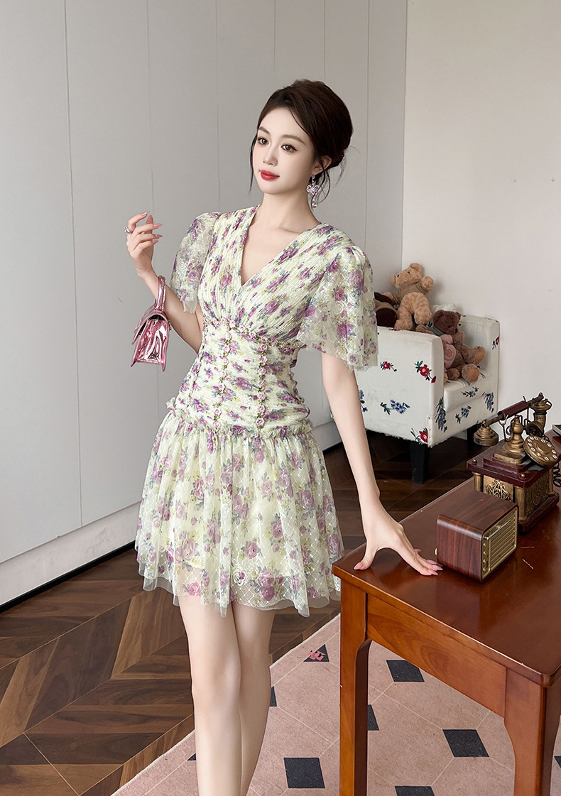 15407-Đầm voan hoa tím tay tiên eo  nhún  cách điệu ( voan, lót)_thumbnail_2