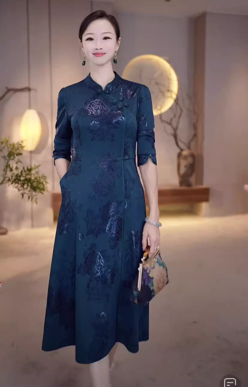 15531-Đầm suông A cổ tàu kết  nút màu xanh cổ vịt (lụa vân gấm)_thumbnail_1