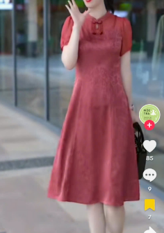 15538-Đầm suông a đỏ cam lụa  vâm gấm cổ tàu kết nút ( lụa)_thumbnail_0